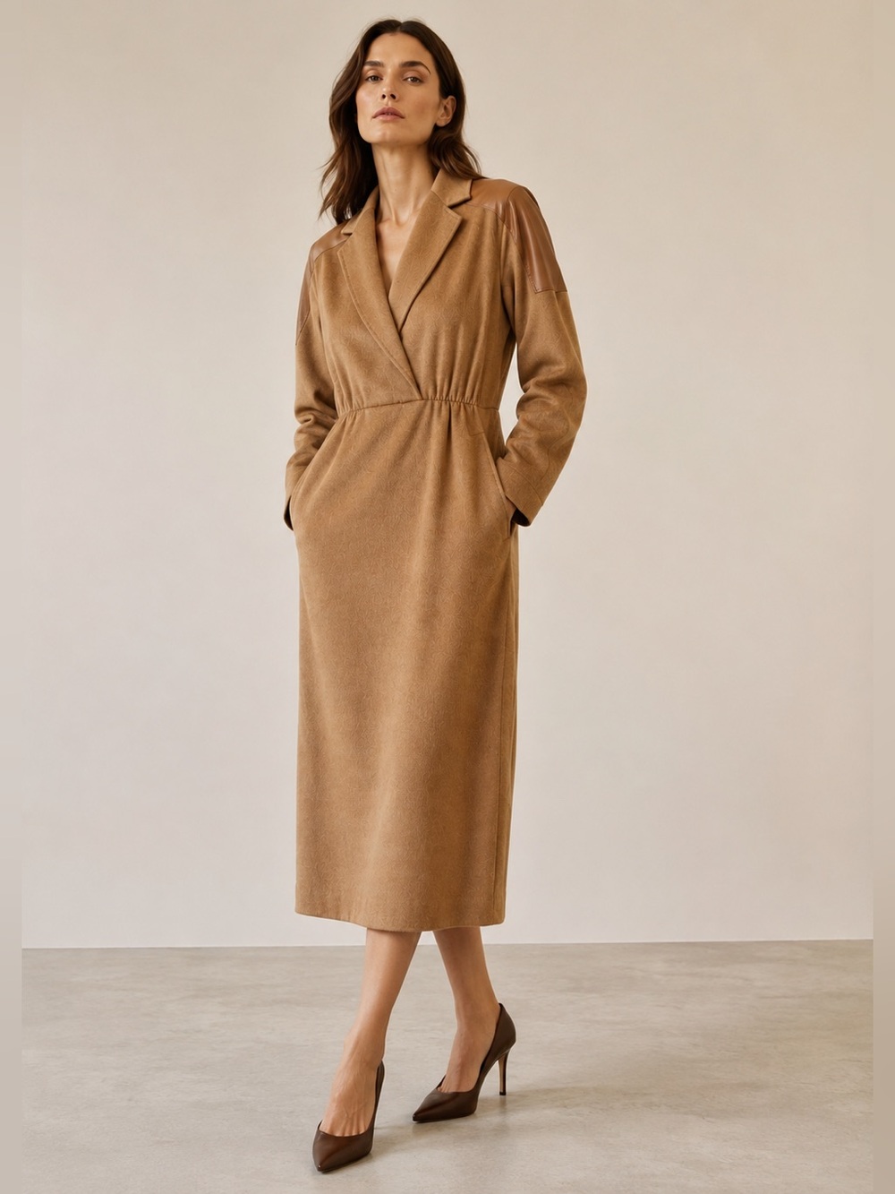 Max Mara Camel Hair Leather Panel Midi Dress Tan Brown Pockets Luxury 12 *Flaws